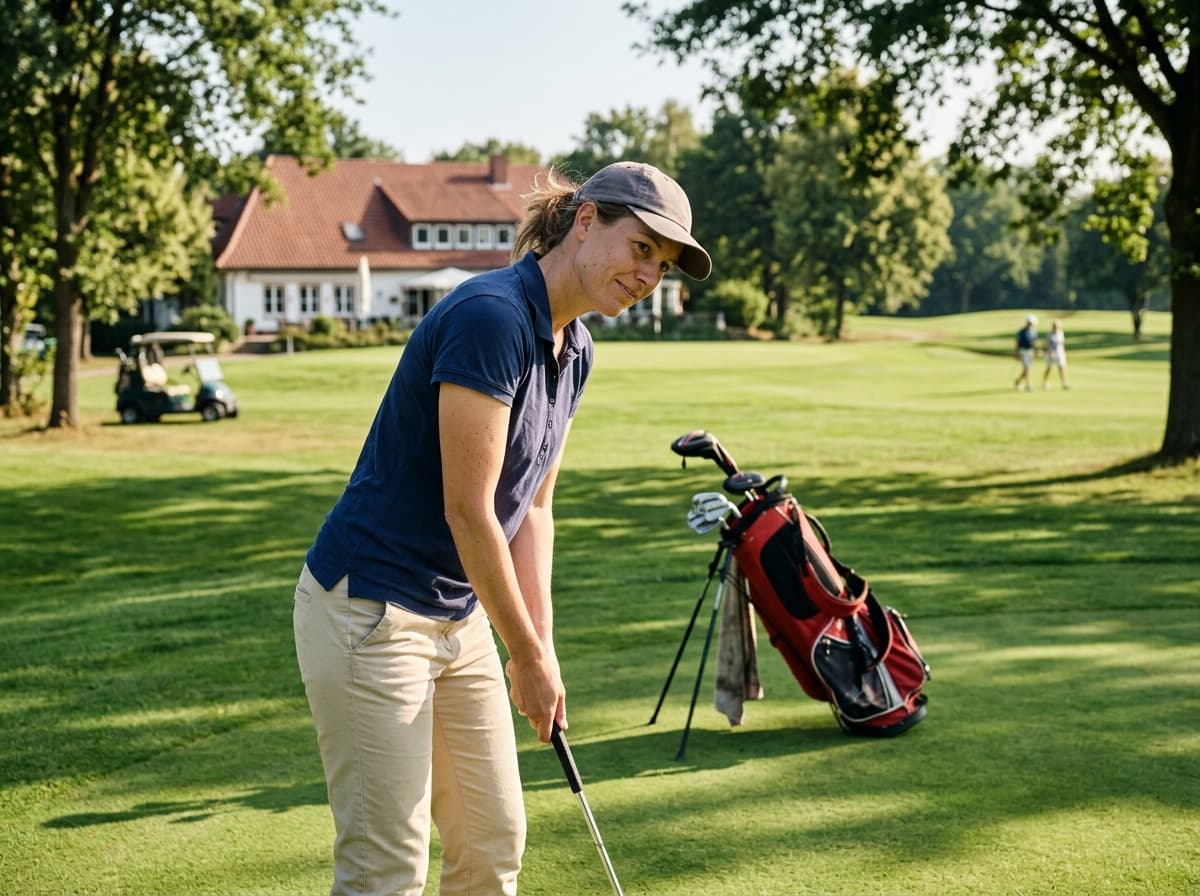 Golferin beim Abschlag vor dem Clubhaus
